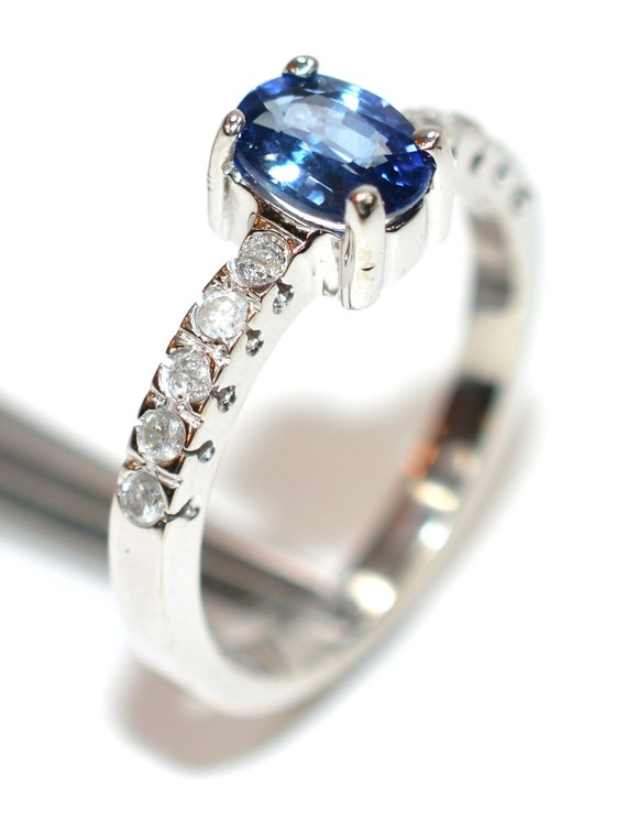 Natural Ceylon Sapphire & Diamond Ring 10K Solid … - image 4
