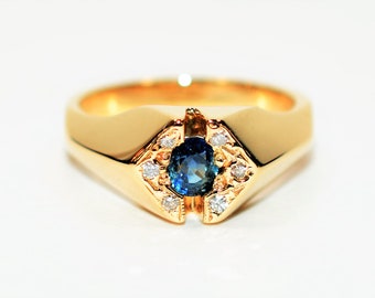 Natural Ceylon Sapphire& Diamond Ring 14K Solid Gold .61tcw Sri Lankan Sapphire Ring Gemstone Ring Women's Ring Statement Ring Vintage Ring
