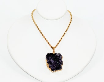 Natural Amethyst Crystal Necklace 14K Solid Gold Pendant Necklace Amethyst Necklace Gemstone Necklace Statement Necklace Estate Jewelry