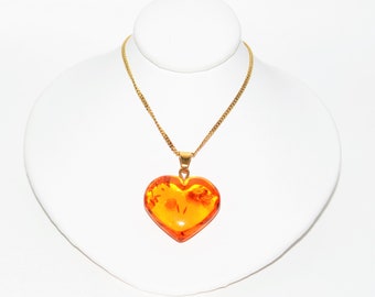 Natural Amber Necklace 14K Solid Gold Heart Necklace Pendant Necklace Statement Necklace Fine Jewelry Estate Jewelry Vintage Women's Jewelry