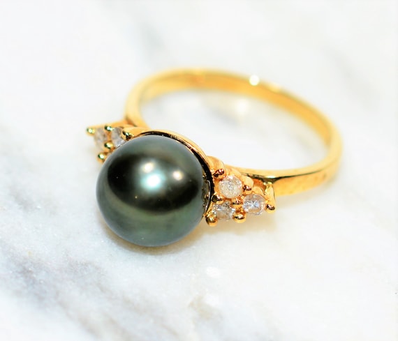 Natural Tahitian Pearl & Diamond Ring 14K Solid G… - image 7