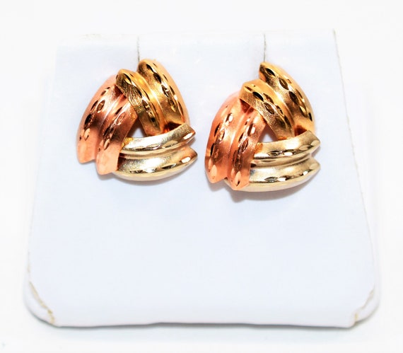 14K Solid Tri-Color Gold Earrings Stud Earrings V… - image 9