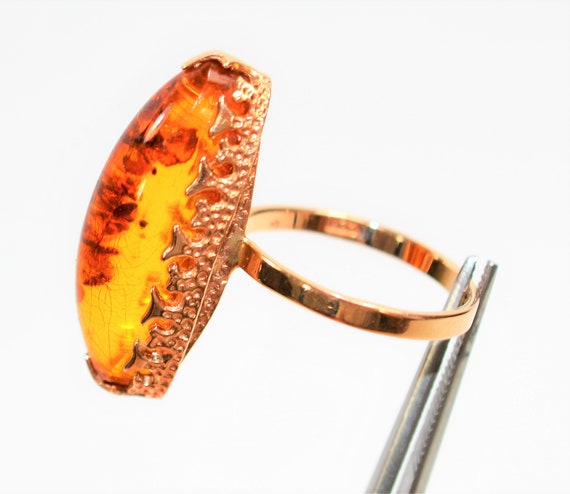Natural Amber Ring 14K Solid Rose Gold Antique Ar… - image 5