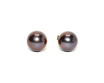 Natural Black Tahitian Pearl Earrings 14K Gold Earrings Solitaire Earrings Ball Earrings Stud Earrings Vintage Estate October Birthstone