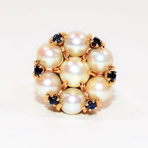 Natural Akoya Pearl & Blue Sapphire Ring 14K Solid Gold .24tcw Antique Ring Cluster Ring Cocktail Ring Statement Ring Fine Vintage Jewellery