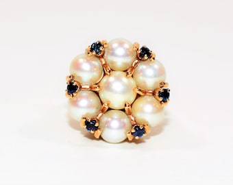 Natural Akoya Pearl & Blue Sapphire Ring 14K Solid Gold .24tcw Antique Ring Cluster Ring Cocktail Ring Statement Ring Fine Vintage Jewellery