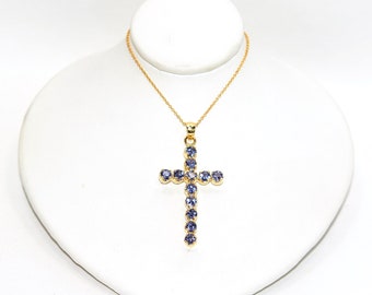 LeVian Natural Tanzanite 14K Solid Gold 2.40tcw Designer Le Vian Cross Pendant Religious Crucifix Baptism Faith Purple Gemstone Birthstone