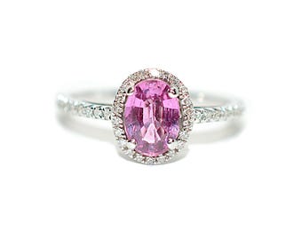 Natural Padparadscha Sapphire & Diamond Ring 14K White Gold 1.40tcw Engagement Wedding Bridal Jewelry Pave Ring Bridal Promise Ring Pink Gem