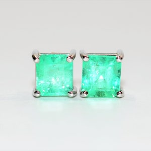 Natural Colombian Emerald Earrings 14K Solid White Gold 2.18tcw Solitaire Earrings Stud Earrings Green Earrings Birthstone Fine Earrings