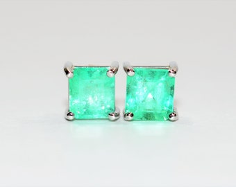 Natural Colombian Emerald Earrings 14K Solid White Gold 2.18tcw Solitaire Earrings Stud Earrings Green Earrings Birthstone Fine Earrings