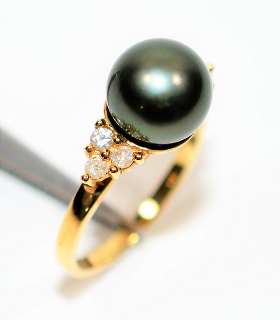 Natural Tahitian Pearl & Diamond Ring 14K Solid G… - image 4