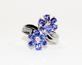 Natural Tanzanite & Diamond Ring 18K Solid White Gold 3.20tcw Flower Ring Cluster Ring Gemstone Ring December Birthstone Ring Women's Ring