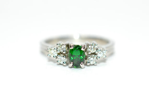 Natural Tsavorite Garnet & Diamond Ring Solid Pla… - image 1