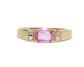 Natural Padparadscha Sapphire & Diamond Ring 14K Solid Gold .86tcw Cocktail Ring Statement Ring September Birthstone Ring Fine Vintage Ring