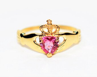 Irish Claddagh Ring Natural Padparadscha Sapphire Ring 14K Solid Gold .79ct Gemstone Ring Heart Ring Engagement Ring Promise Ring Jewellery