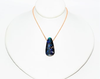 Natural Australian Boulder Opal Necklace 14K Solid Rose Gold 14.64ct Pendant Necklace Solitaire Necklace Gemstone Necklace Women's Necklace