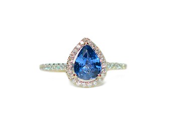 LeVian Natural Ceylon Sapphire & Diamond Ring 14K White Gold 1.62tcw Engagement Ring Bridal Wedding Ring Pear Gemstone Blue Ring September