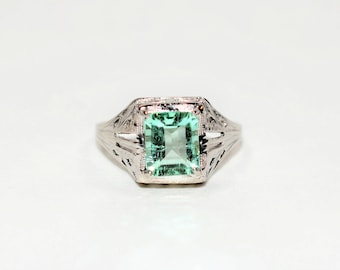 Natural Colombian Emerald Ring 10K Solid White Gold 1.85ct Solitaire Ring Antique Ring Vintage Ring Estate Jewelry Cocktail Ring Statement