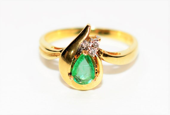 Natural Colombian Emerald & Diamond Ring 14K Soli… - image 1