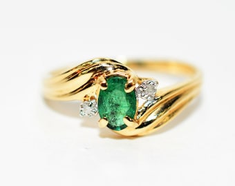 Natural Zambian Emerald & Diamond Ring 10K Solid Gold .37tcw Gemstone Ring May Birthstone Ring Emerald Ring Vintage Ring Womens Ring Jewelry