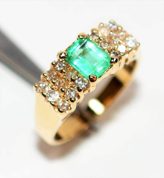 Natural Colombian Emerald & Diamond Ring 14K Soli… - image 4