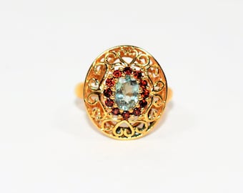 Natural Paraiba Tourmaline & Garnet Ring 10K Solid Gold 1.42tcw Gemstone Ring Women's Ring Ballerina Ring Vintage Jewelry Fine Jewellery