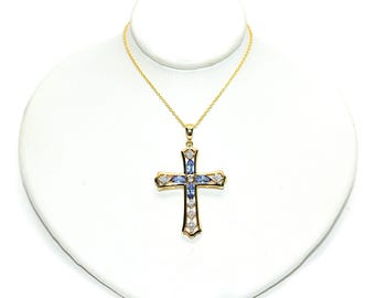 LeVian Natural Tanzanite & Diamond Necklace 14K Yellow Gold 1.01tcw Cross Pendant Necklace Religious Jewelry Designer Vintage Estate Jewelry