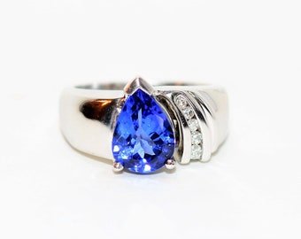 Natural D'Block Tanzanite & Diamond Ring 14K Solid White Gold 2.10tcw Bold Gemstone Pear Cut Fine Vintage Estate Jewelry