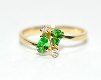 Natural Tsavorite Garnet & Diamond Ring 14K Solid Gold .43tcw Engagement Ring Green Gemstone Ring Pear January Birthstone Ring Garnet Ring