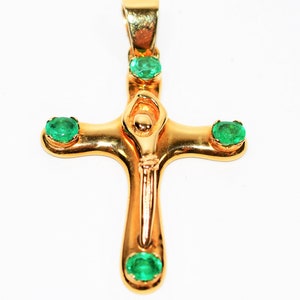 Natural Colombian Emerald 18K Solid Yellow Gold 2.20tcw Cross Crucifix Rosary Religious Pendant Heavy Men&#39;s Unisex Women&#39;s Estate Jewellery