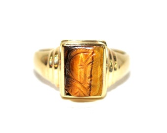 Natural Tigers Eye Ring 10K Solid Gold Ring Intaglio Roman Solider Ring Cameo Ring Bust Ring Statement Ring Vintage Ring Estate Ring