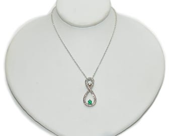 Colombian Emerald & Diamond Pendant Necklace, 14K White Gold, May Birthstone .30tcw
