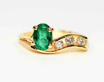 Natural Colombian Emerald & Diamond Ring 14K Gold .85tcw Gemstone Ring Statement Ring May Birthstone Ring Vintage Ring Women's Ring Fine