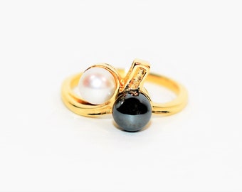 Natural Tahitian Pearl & Akoya Pearl Ring 10K Solid Gold 5.50mm Black Pearl Gemstone Ring Estate Jewelry Vintage Ring Statement Women’s Ring