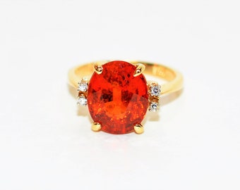 Natural Spessartine Mandarin Garnet & Diamond Ring 14K Solid Gold 6.47tcw Fanta Garnet Ring Orange Ring January Birthstone Ring Women's Ring