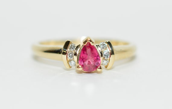 14K Gold Pear Ruby & Diamond Ring: Vintage Estate… - image 1