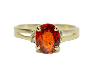 Natural Spessartine Mandarin Garnet & Diamond Ring 14K Solid Gold 1.96tcw Fanta Garnet Ring Orange Ring January Birthstone Ring Women's Ring