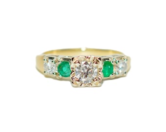 Natural Diamond & Colombian Emerald Ring 14K Solid Gold .64tcw Engagement Ring Statement Ring Vintage Ring Wedding Ring May Birthstone Ring