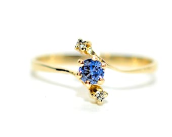 Natural Benitoite & Diamond Ring 14K Solid Gold .19tcw Rare Gemstone Ring Statement Ring Promise Ring Women's Ring Blue Birthstone Estate