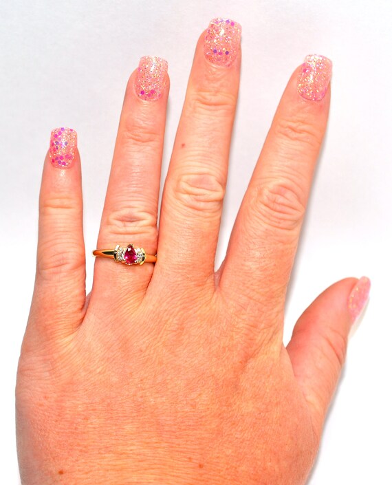 14K Gold Pear Ruby & Diamond Ring: Vintage Estate… - image 2
