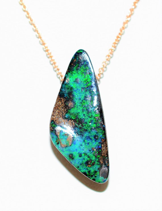 Natural Australian Boulder Opal Necklace 14K Soli… - image 2