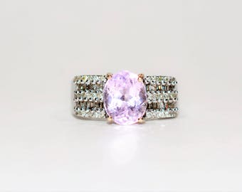 Natural Kunzite & Diamond Ring 18K Solid White Gold 5.74tcw Kunzite Ring Pink Ring Cocktail Ring Statement Ring Vintage Ring Estate Jewelry