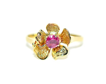 Natural Ruby Ring 14K Solid Gold .27ct Solitaire Ring Flower Ring July Birthstone Ring Floral Ring Red Ring Ladies Ring Women's Ring Vintage
