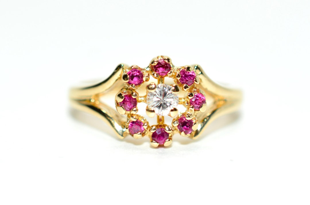 Vintage 14K Gold Ruby Diamond Cluster Ring - July Birthstone - Etsy