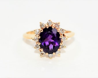 Natural Siberian Amethyst & Diamond Ring 14K Solid Gold 2.43tcw Gemstone Ring Birthstone Ring Statement Ring Halo Ring Engagement Ring Fine