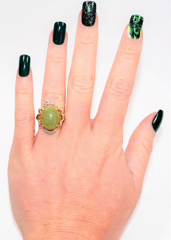 Natural Jade & Diamond Ring 10K Solid Gold 7.06tc… - image 2