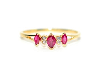 Vintage Ruby Diamond Ring: 10K Gold Marquise Cluster, Size 10.25