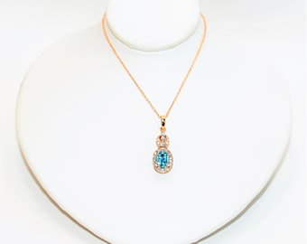 LeVian Natural Blue Zircon & Diamond Necklace 14K Solid Rose Gold 1.55tcw Designer Necklace Zircon Necklace Pendant Necklace LeVian Necklace