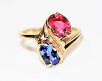 Natural Tanzanite & Rubellite Ring 10K Solid Gold 1.38tcw Gemstone Ring Multistone Ring Statement Ring Fashion Ring Fine Jewellery Vintage