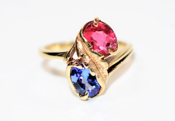 Natural Tanzanite & Rubellite Ring 10K Solid Gold 